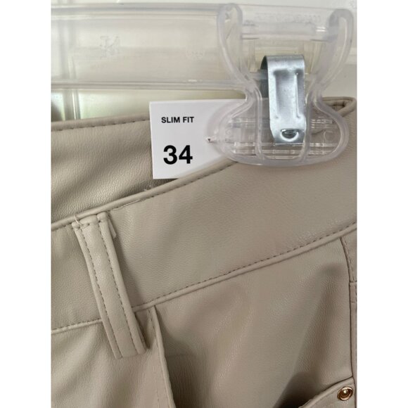 ZARA Faux Leather Super High Rise Slim Flare Pants Slit Size 2 34 Long Beige - Picture 7 of 14